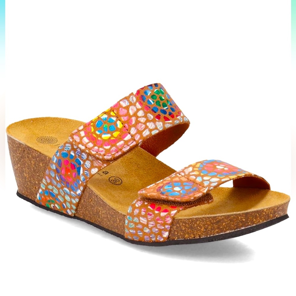Lola Sabbia for Eric Michael Liat Tan Mosaic Leather Wedge Strap Sandal Sz 41
